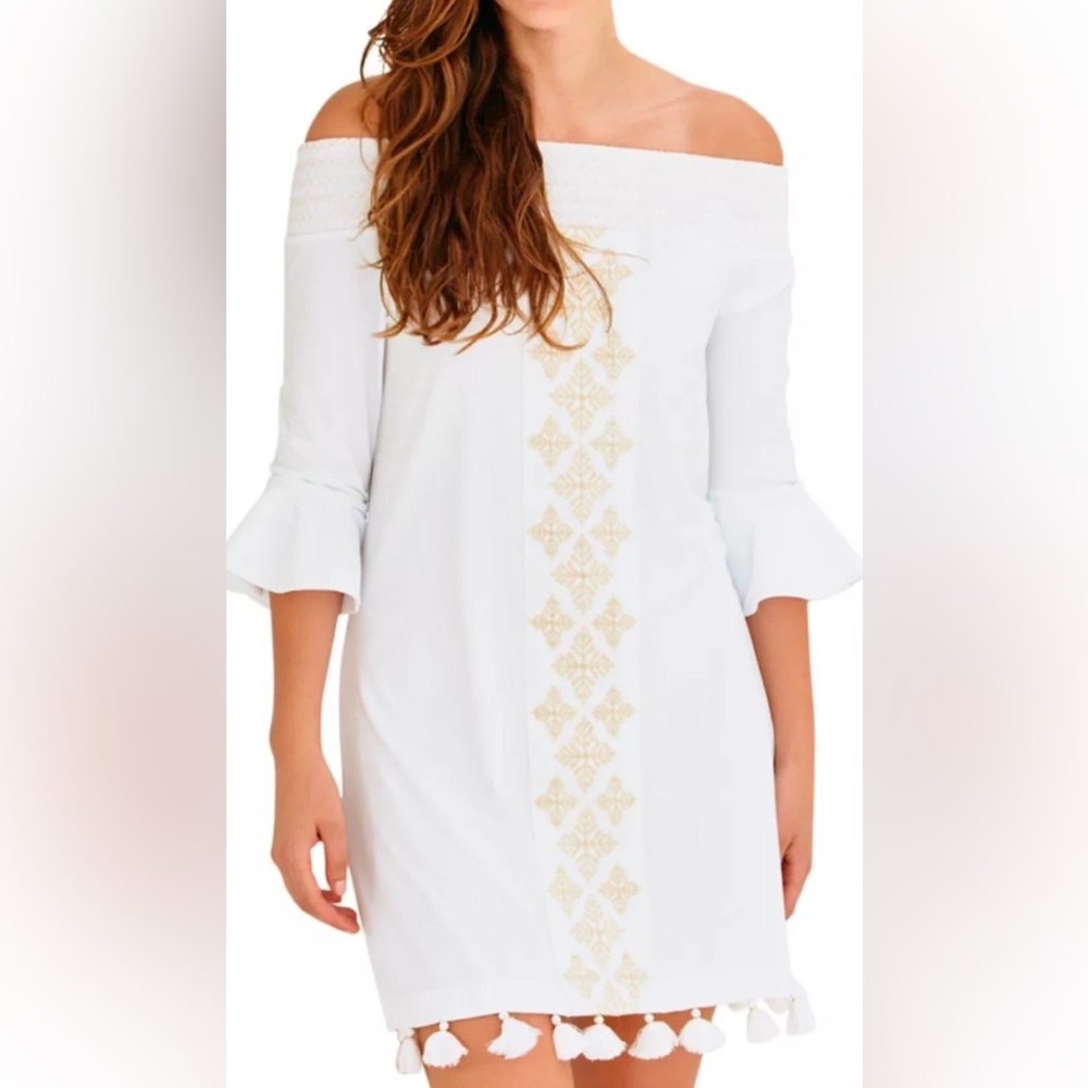 Cabana Life White Off the Shoulder   Embroidered Dress Ruffle Sleeves Size L